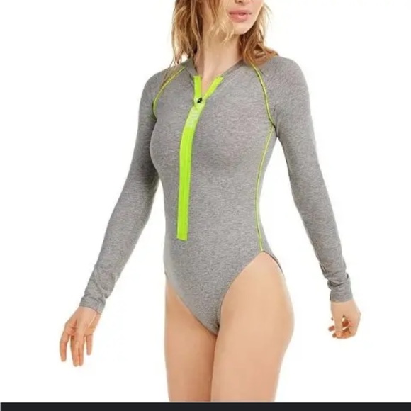 Puma Gray and Neon Yellow Long Sleeve Bodysuit size S - Picture 1 of 7